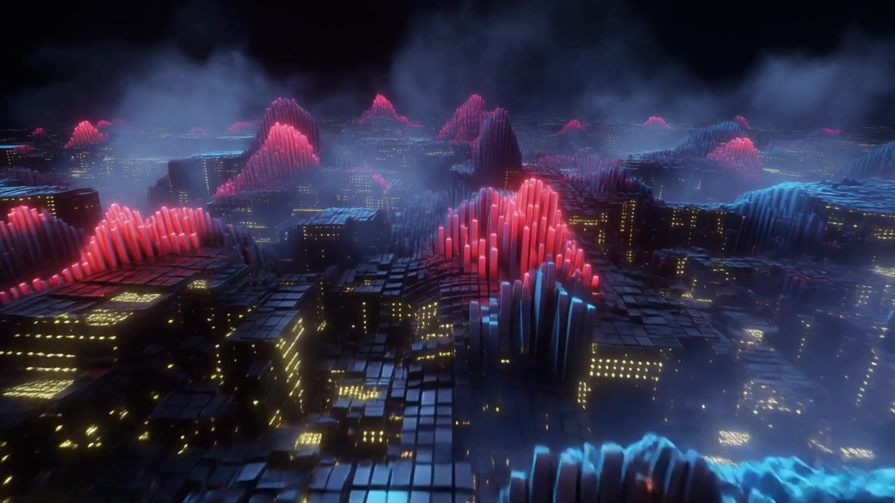 Abstract Futuristic Cityscape with Glowing Red and Blue Structures
