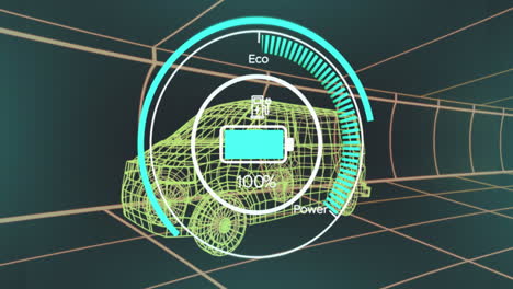 animación de iconos eco y procesamiento de datos sobre dibujo técnico de automóviles en 3d