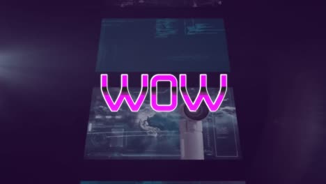 Animation-of-wow-text-over-moving-screens-on-dark-background