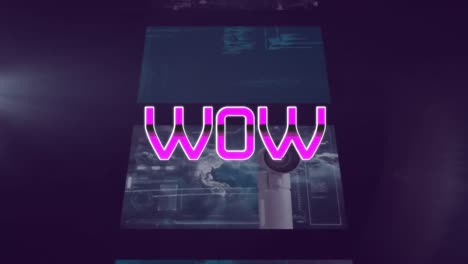 animation of wow text over moving screens on dark background