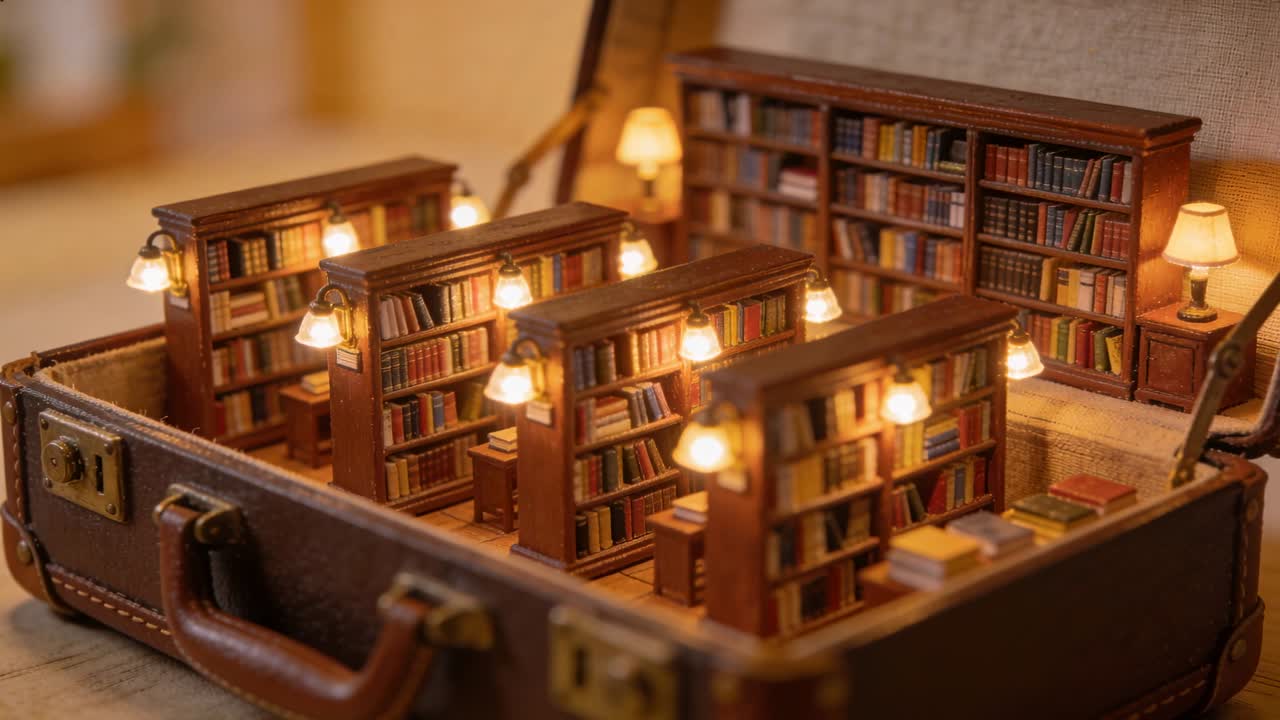 Pushing camera revealing miniature library inside open vintage suitcase, focusing books and lamps