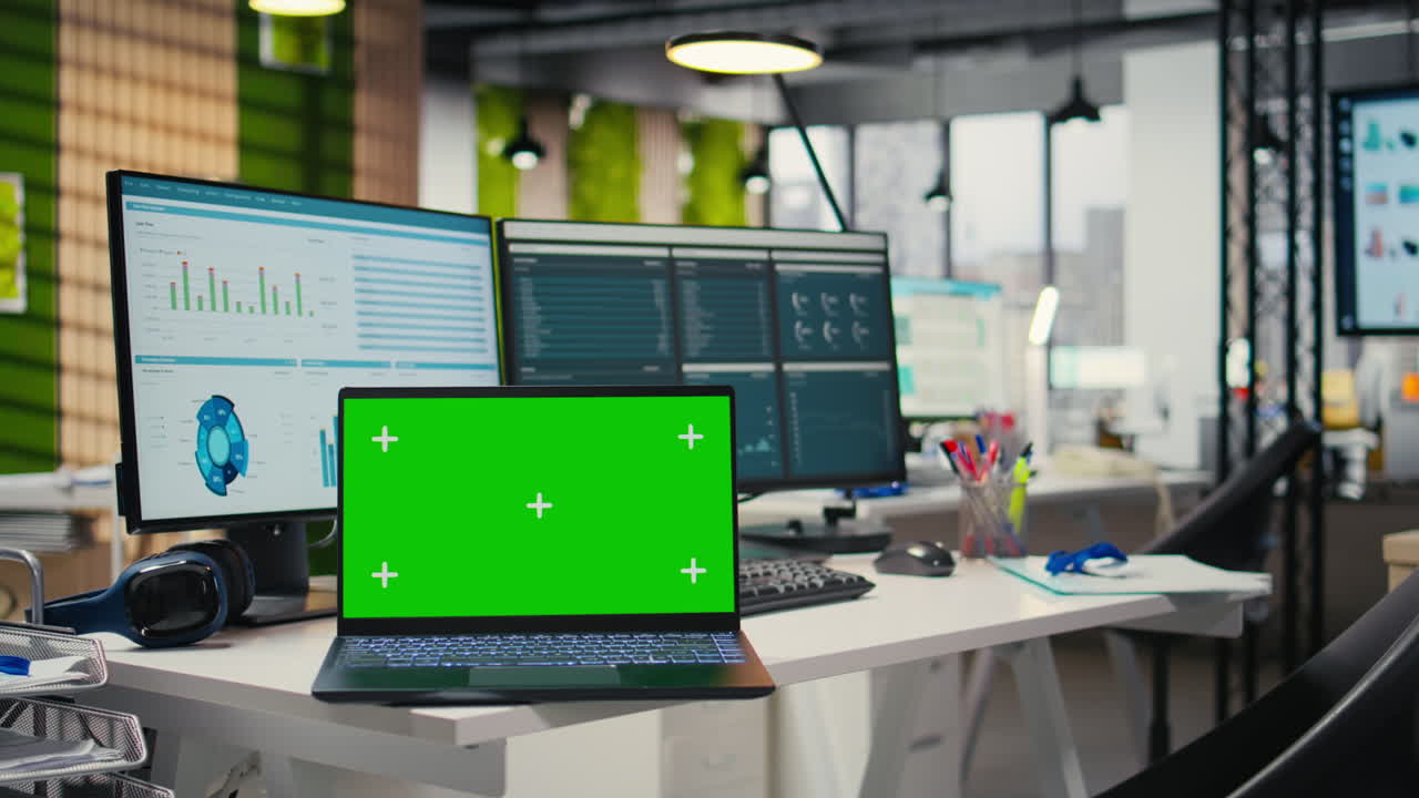 High end empty office displaying chroma key on laptop at desk
