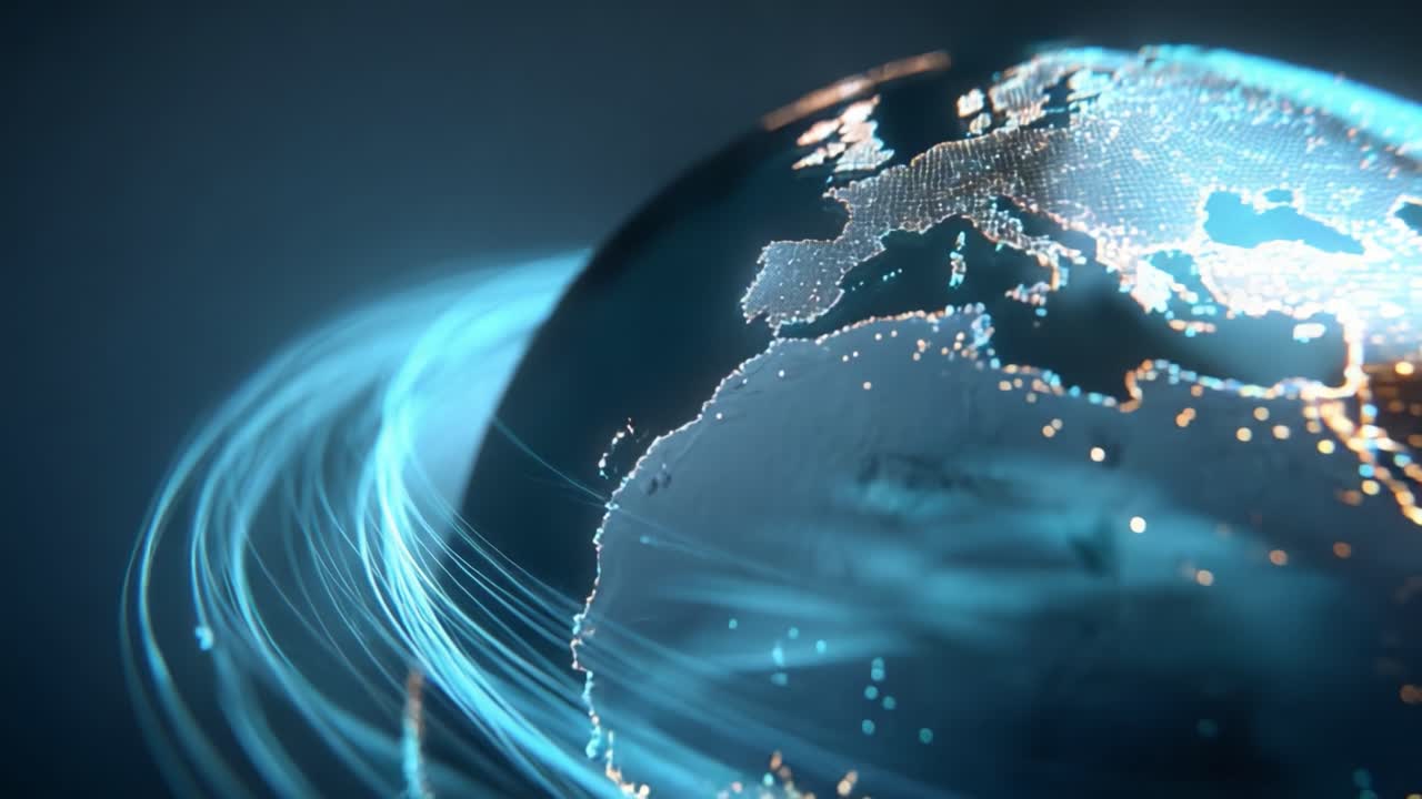 A Stunning Visualization of Earth's Geographical Features Highlighted with Bright Network Connections and Dynamic Light Trails Emphasizing Global Interconnectivity