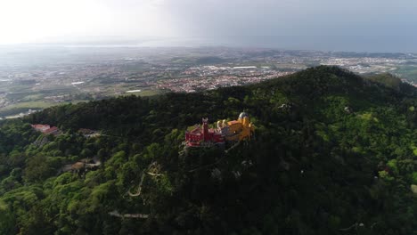 drone shot of colorful pena palace in a sunny day
