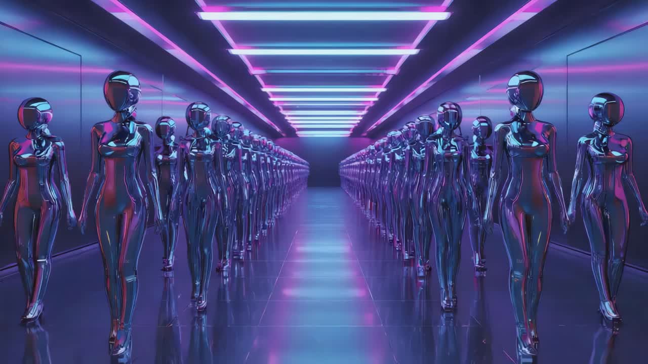 Futuristic Metallic Figures in Neon Hallway