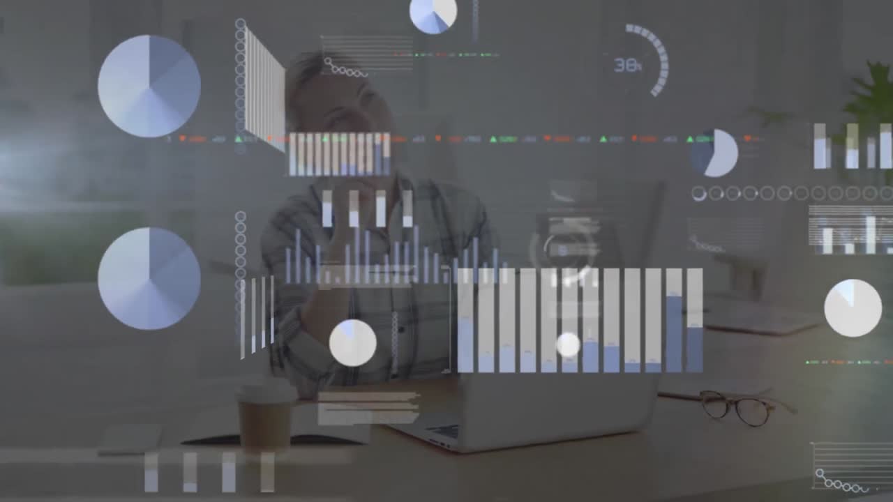 Animation of statistics and data processing over businesswoman using laptop