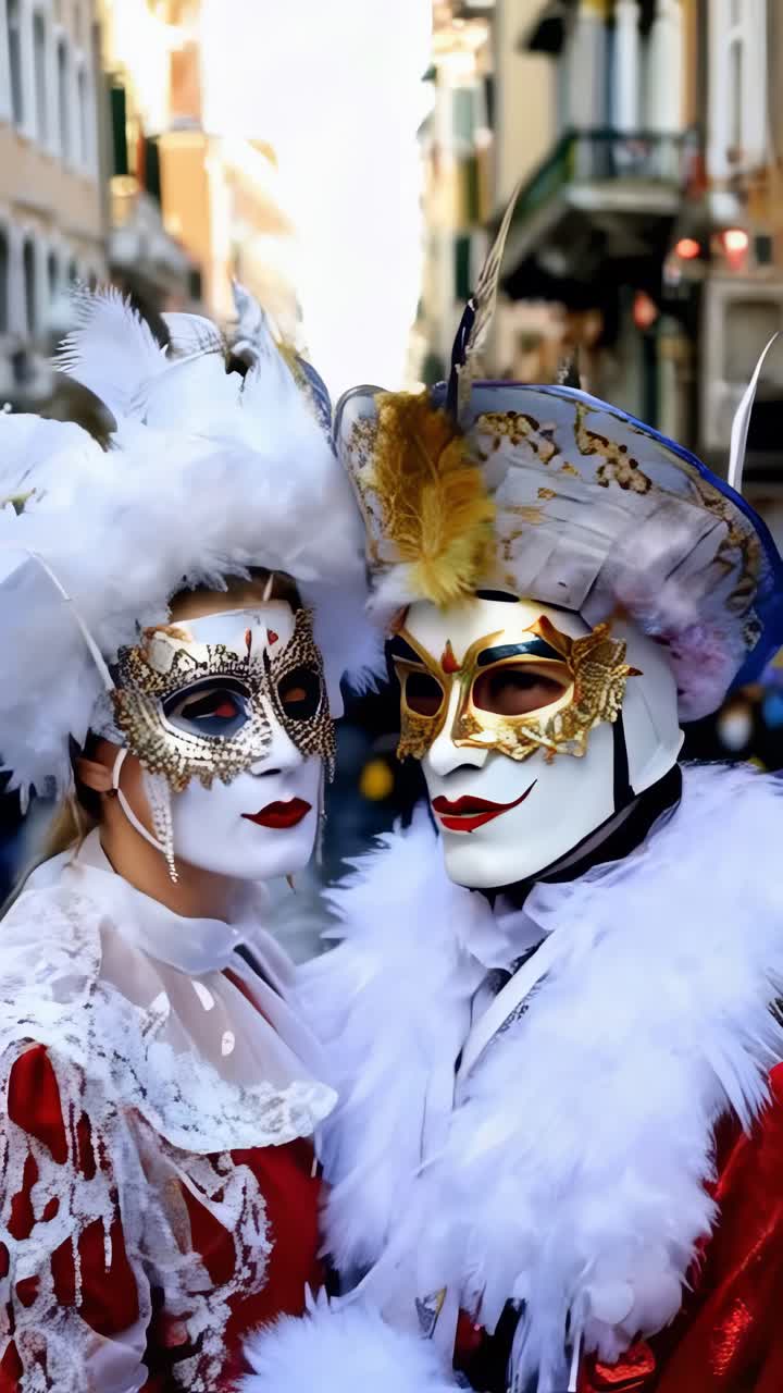 Two people wearing masks and costumes in Venice Carnival