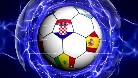 soccer ball and world flag in blue abstract particles ring, animation, background, loop