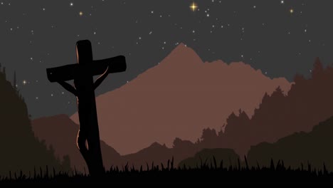 Cruz-Cristiana-Contra-El-Paisaje-Con-Montañas-En-La-Noche