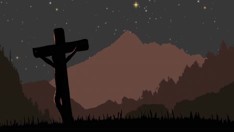 christian cross against landscape with mountains at night