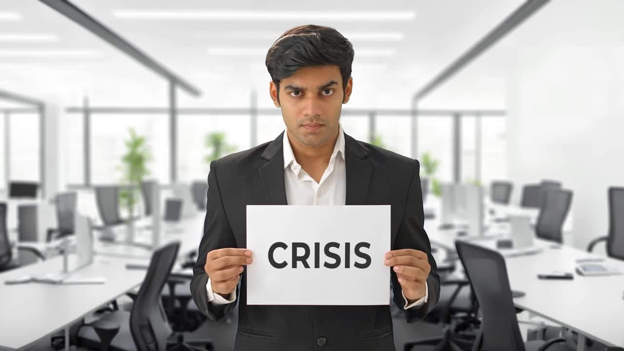 Angry Indian manager holding CRISIS banner
