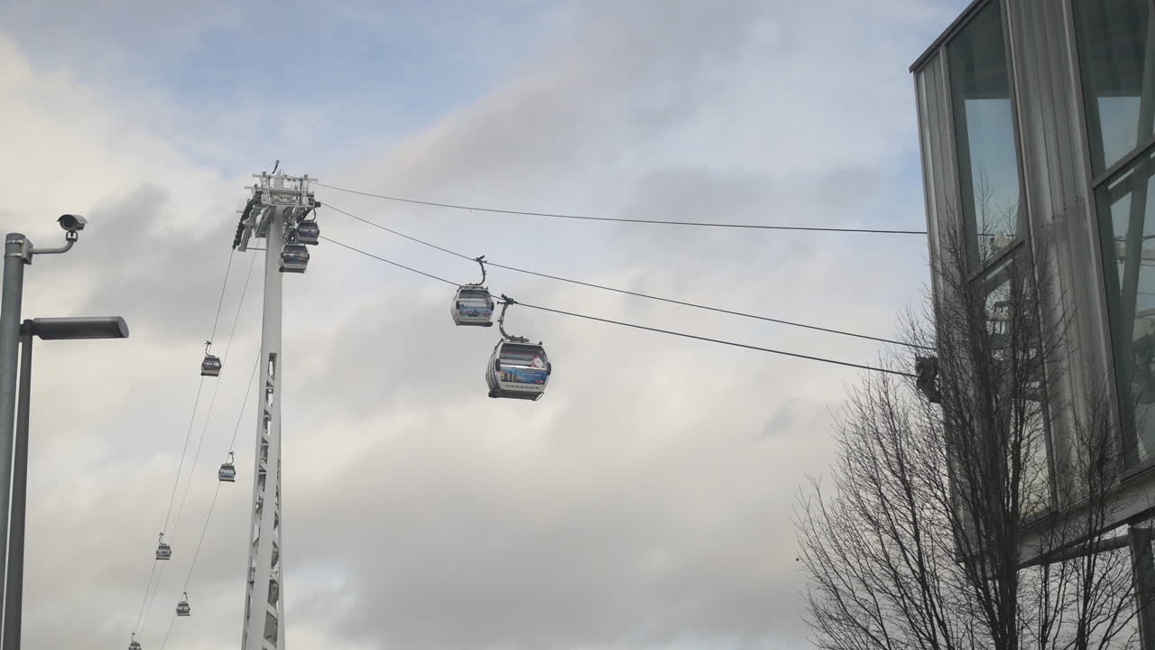 Le funivie trasportano passeggeri contro un cielo nuvoloso a Londra, Regno Unito