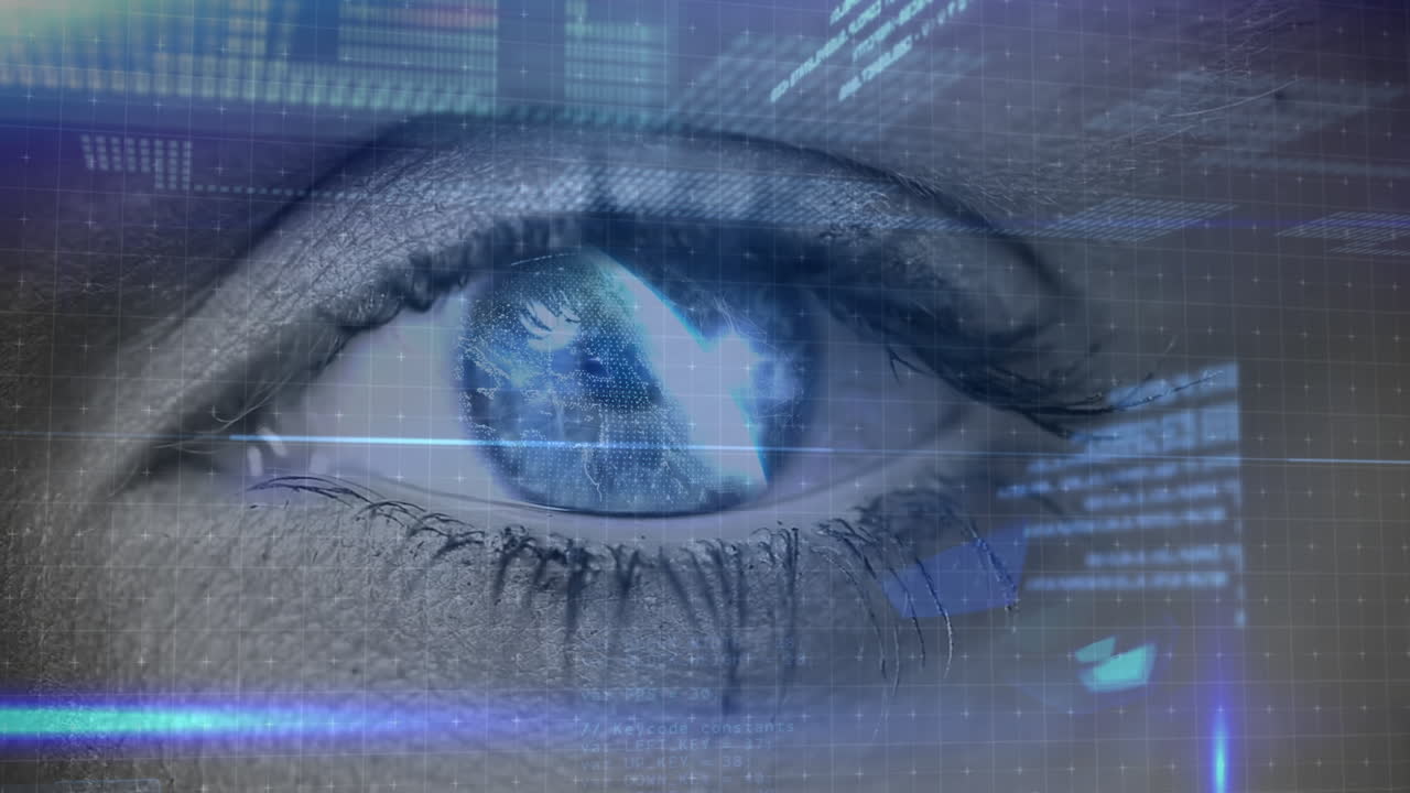 animazione dell'elaborazione dei dati e codifica binaria sull'occhio blu