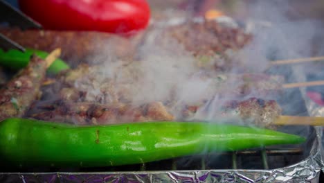 cinemagraph of smoke emitted from cooking different types of meat on a hot bbq grill