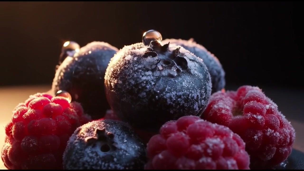 Close-up of Frozen Blueberries and Raspberries with Melting Frost