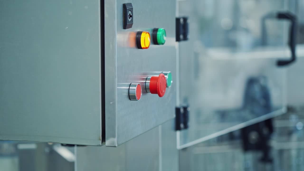 Female starts the work of automated machine in a big modern plant. Worker presses the colorful button of a robotic machine in a dairy factory.