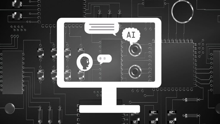 Animation of ai text, icons and data processing over circuit board