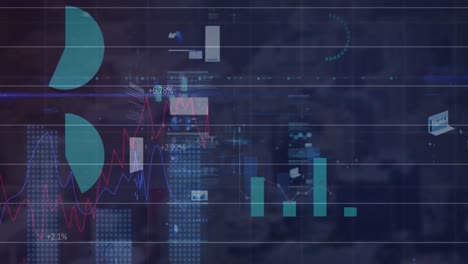 una animación de una pantalla de mercado de valores con números y gráficos de mercado de valores púrpuras, rosas y azules.