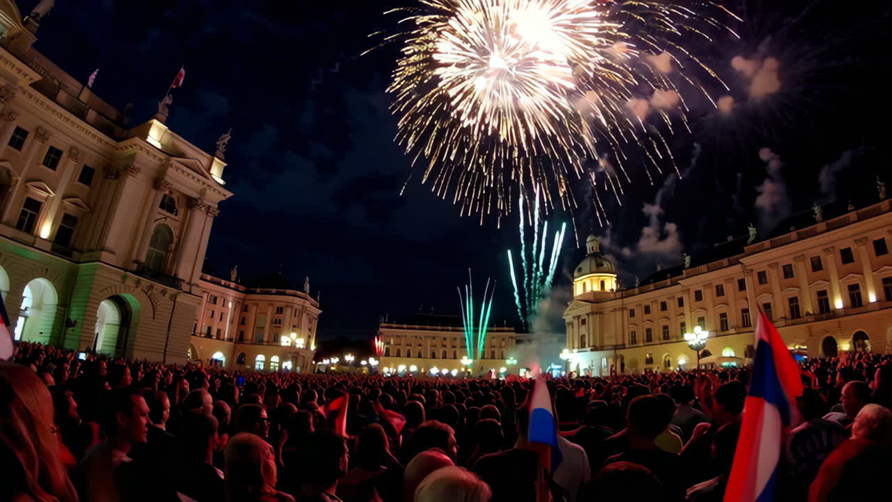 Celebration in a City Square with Fireworks