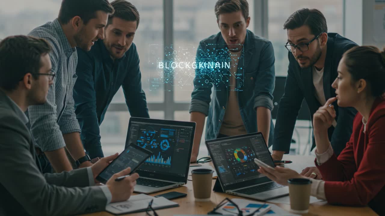 Business Professionals Discussing Blockchain Technology and Data Analytics