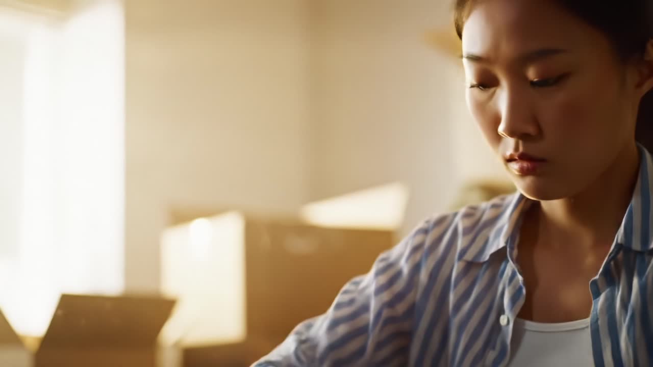 A focused individual concentrates on a task in a sunlit workspace, surrounded by cardboard boxes, reflecting determination and productivity in a quiet environment