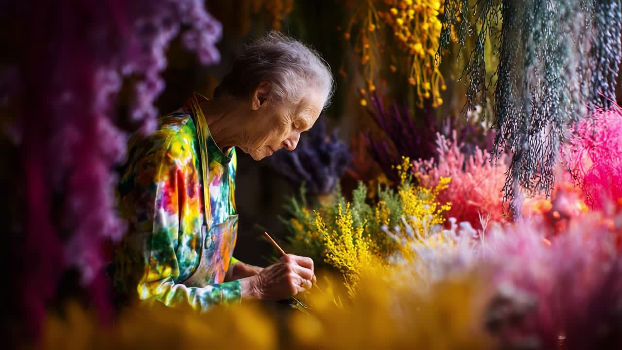 An Elderly Artisan Delicately Paints Among a Vibrant Array of Dried Flowers, Capturing the Essence of Nature’s Colors in a Peaceful Floral Studio