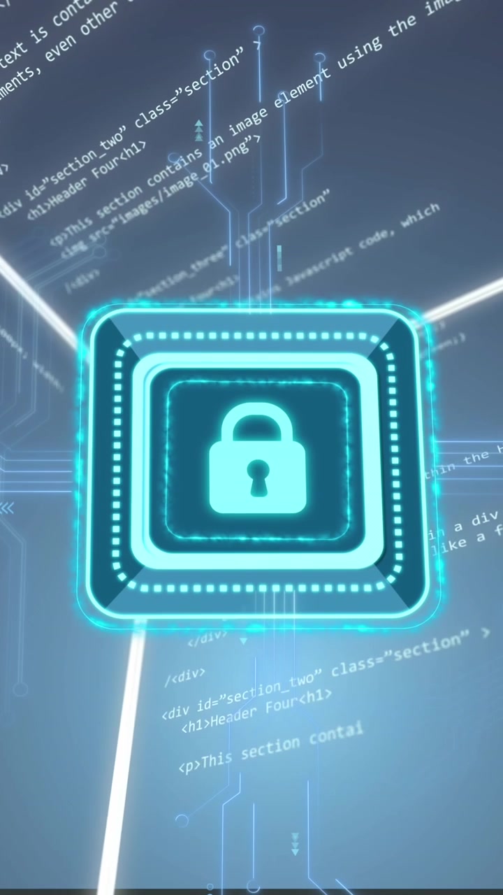 Animation of rotating cube and padlock over network of connections
