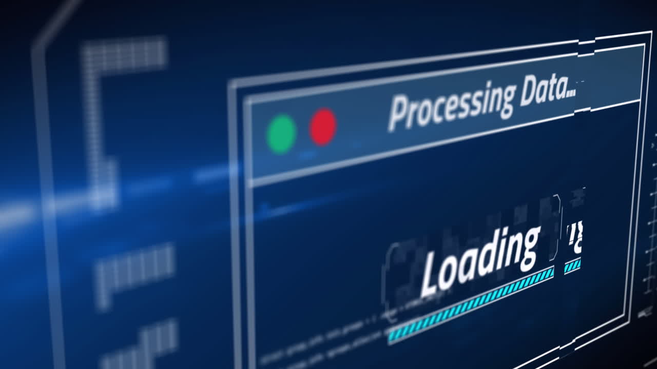 animación del procesamiento de datos con barra de carga sobre fondo azul