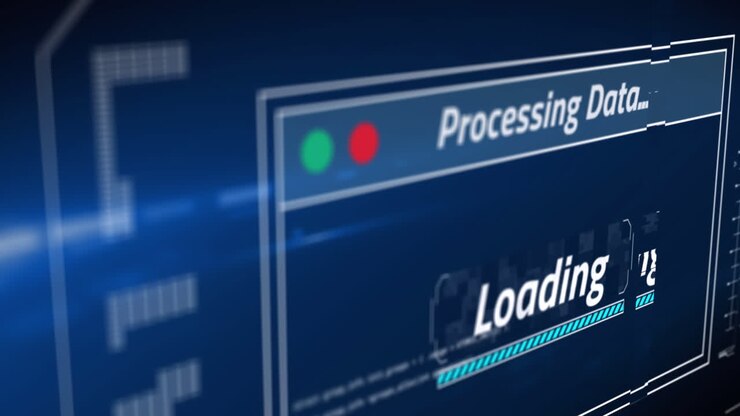 Animation of data processing with loading bar on blue background