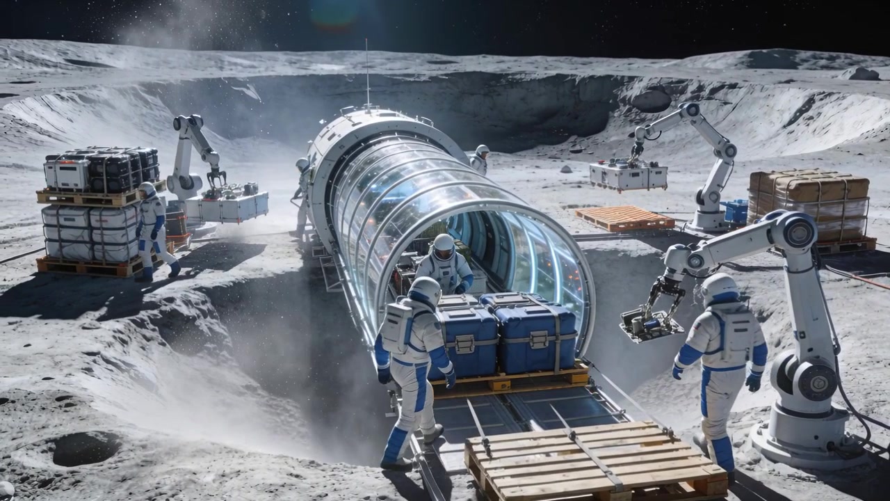 Luci che segnalano l'equipaggio in tuta, robot che spostano casse blu lungo una passerella in un tunnel lunare, rifornendo.