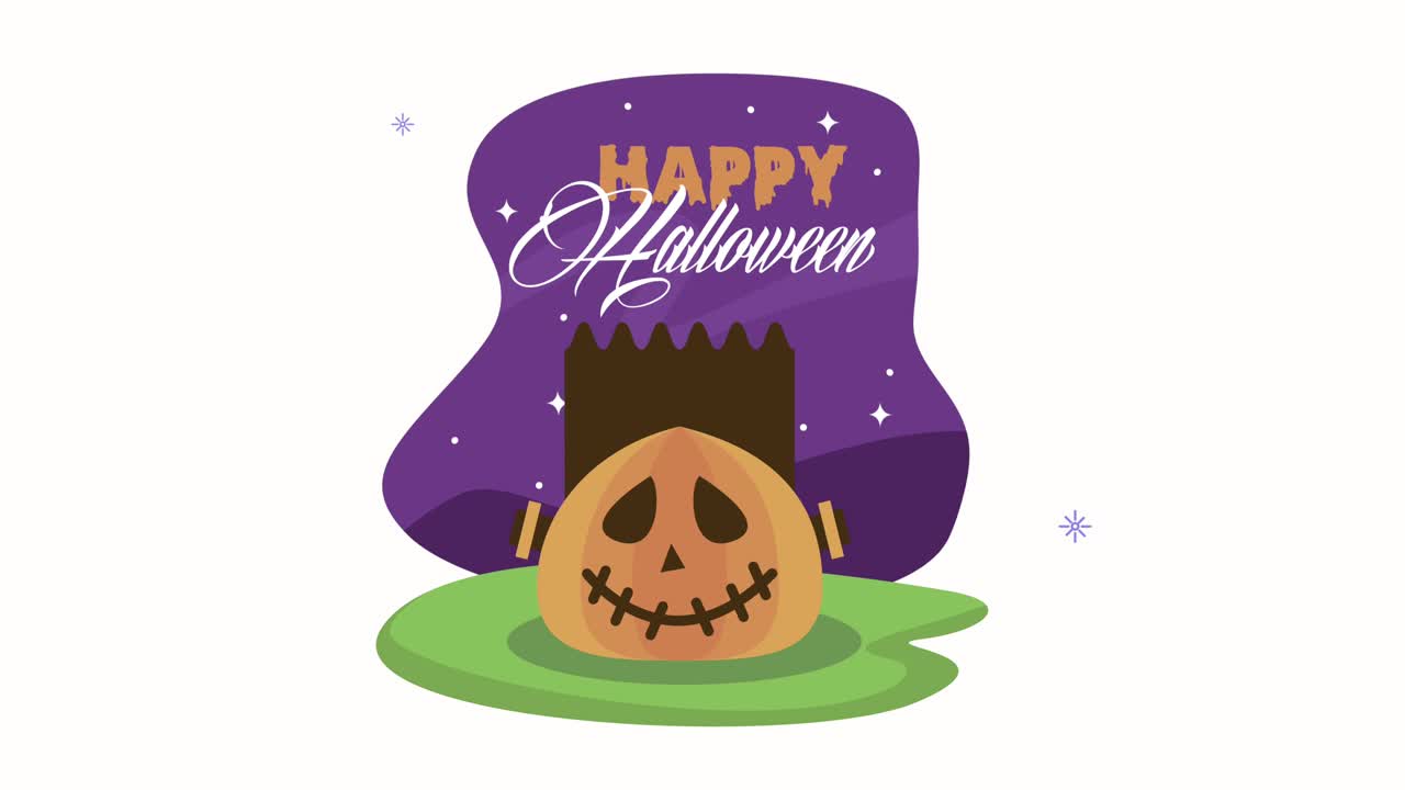 happy halloween lettering animation con la zucca di frankenstein