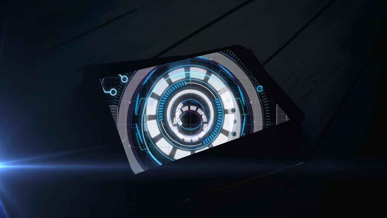 파란색 원형 스캐너가 어두운 배경에 태블릿 화면에서 데이터를 처리하는 애니메이션