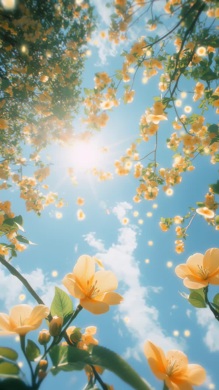 Um ângulo ascendente capta uma cena floral onírica contra um céu ensolarado, ideal para um vídeo sereno.