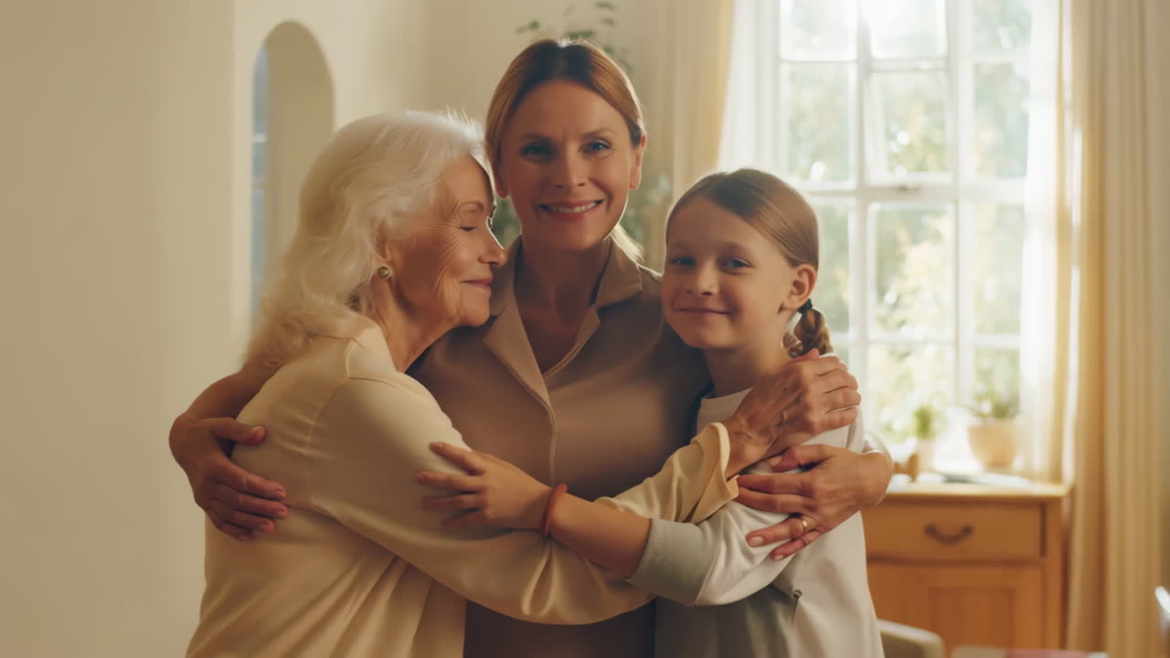 Drei Generationen von Frauen, die sich liebevoll umarmen