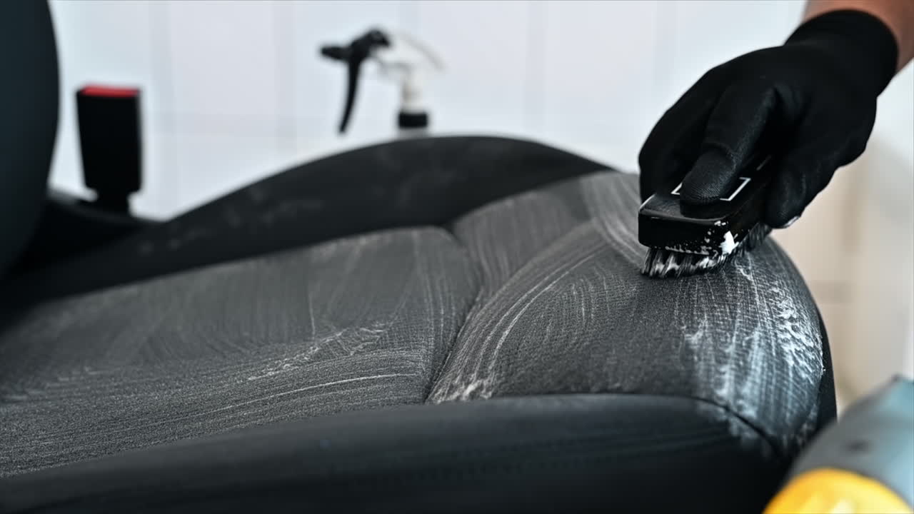 Working cleaner at car wash. Cleaning a seat using a brush and chemical solution. Slow motion