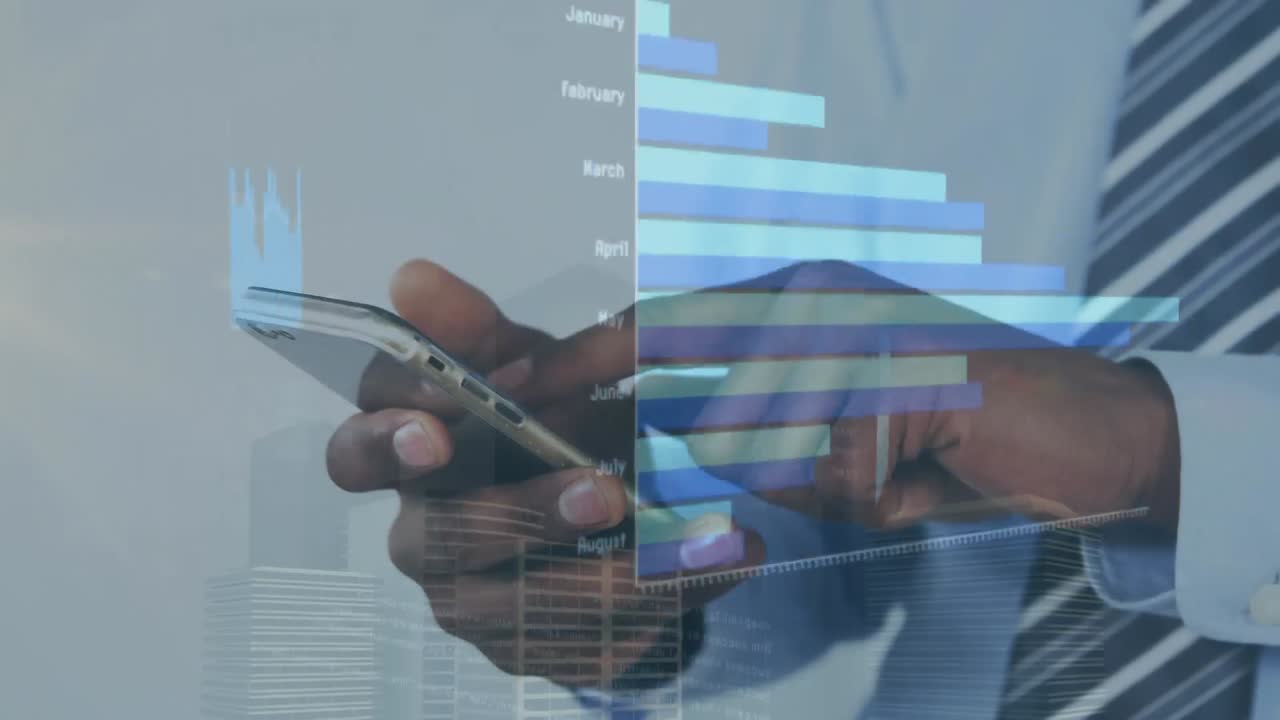 animazione dell'elaborazione dei dati statistici su una sezione centrale di un uomo d'affari che utilizza uno smartphone