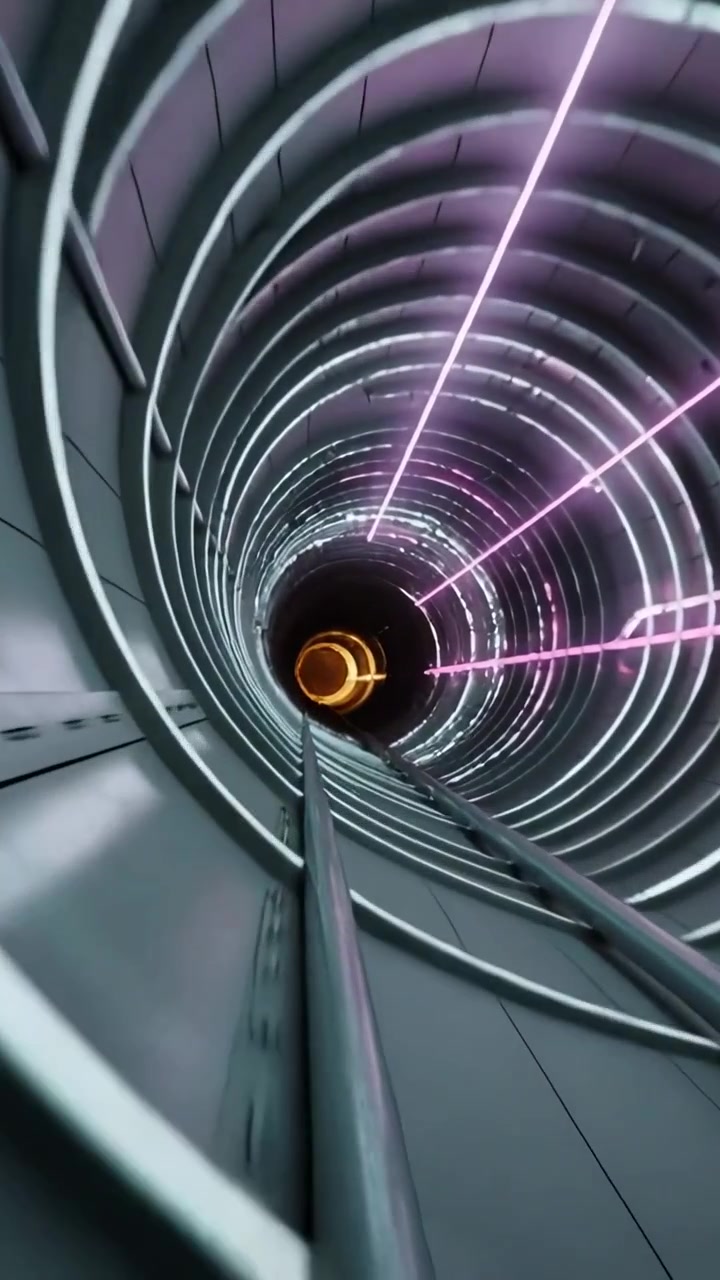 Vertical video: Starting camera moving through ribbed shaft to glowing orange core, with neon rails