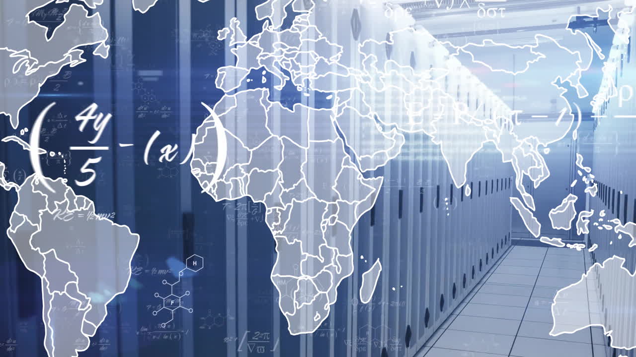 Animation of world map and data processing over computer servers