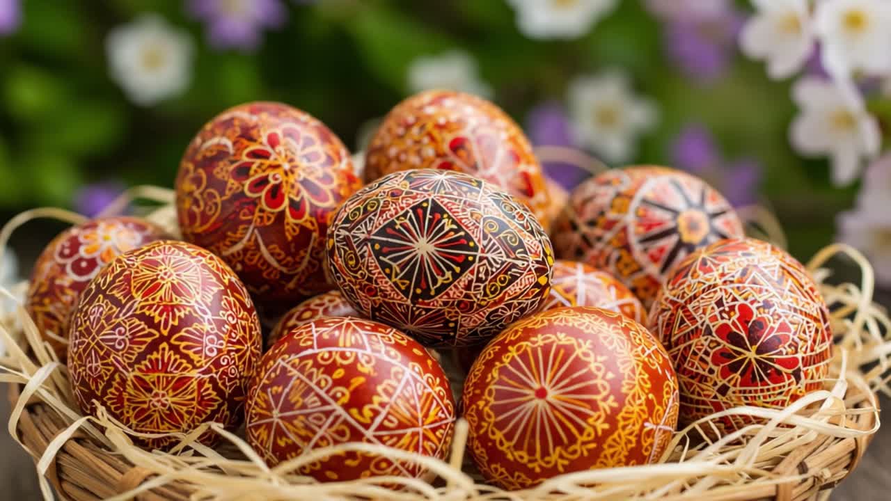 A Vibrant Collection of Ornately Decorated Eggs Nestled in a Natural Basket Surrounded by Blossoming Flowers in a Spring Setting
