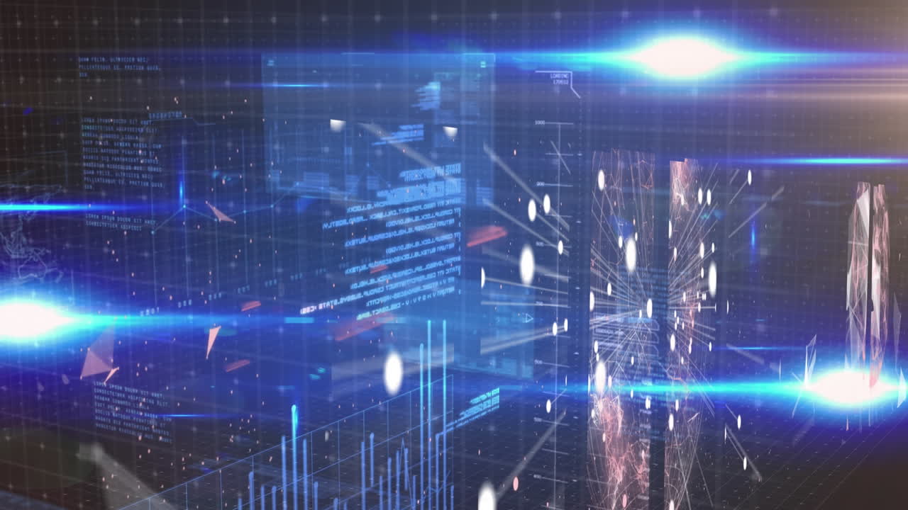 파란색 배경 위의 데이터 처리 및 조명의 애니메이션