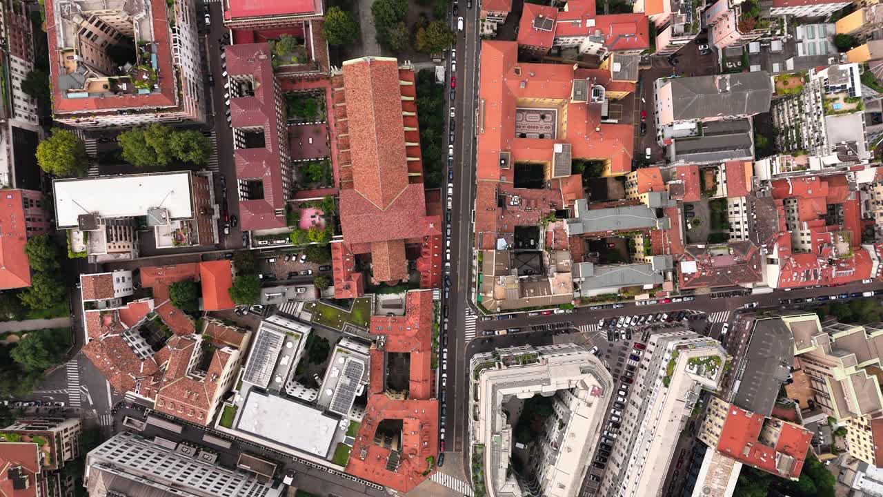 Birds-eye drone view of Milan, Italy