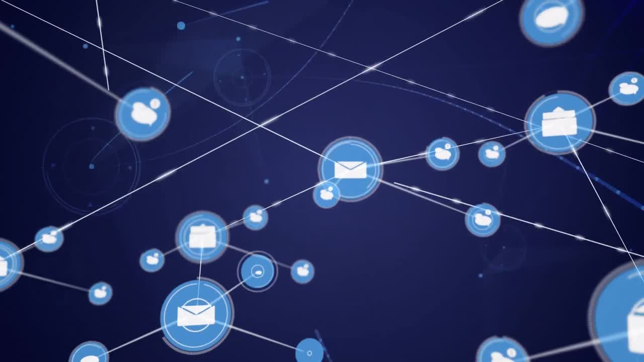 animación de datos y red de conexiones con iconos sobre fondo oscuro