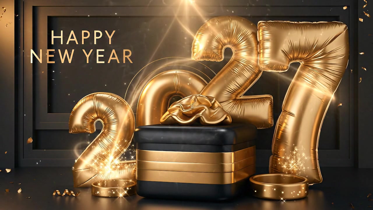 Palloncini dorati di Capodanno 2027 con scatola regalo e coriandoli