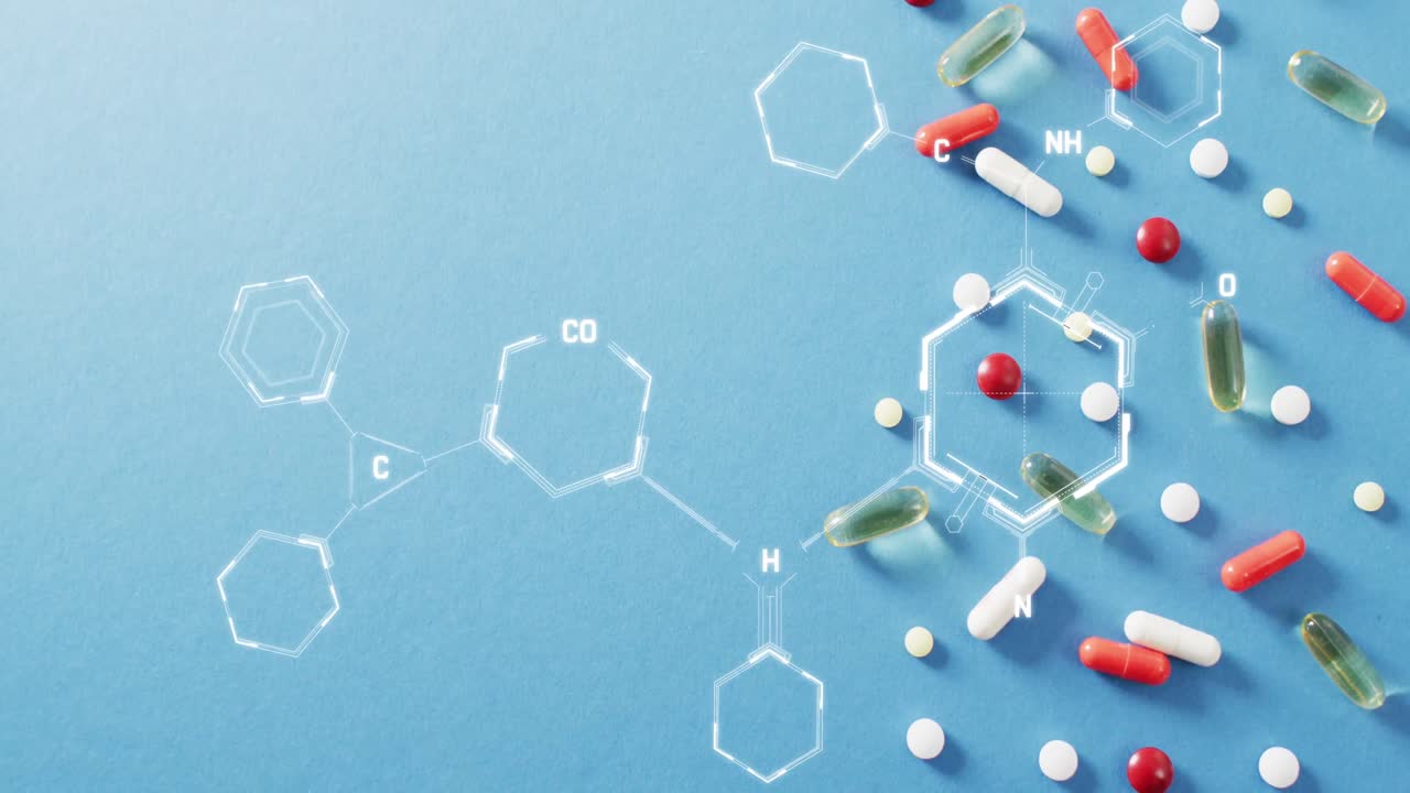 알약 위의 화학 구조의 애니메이션