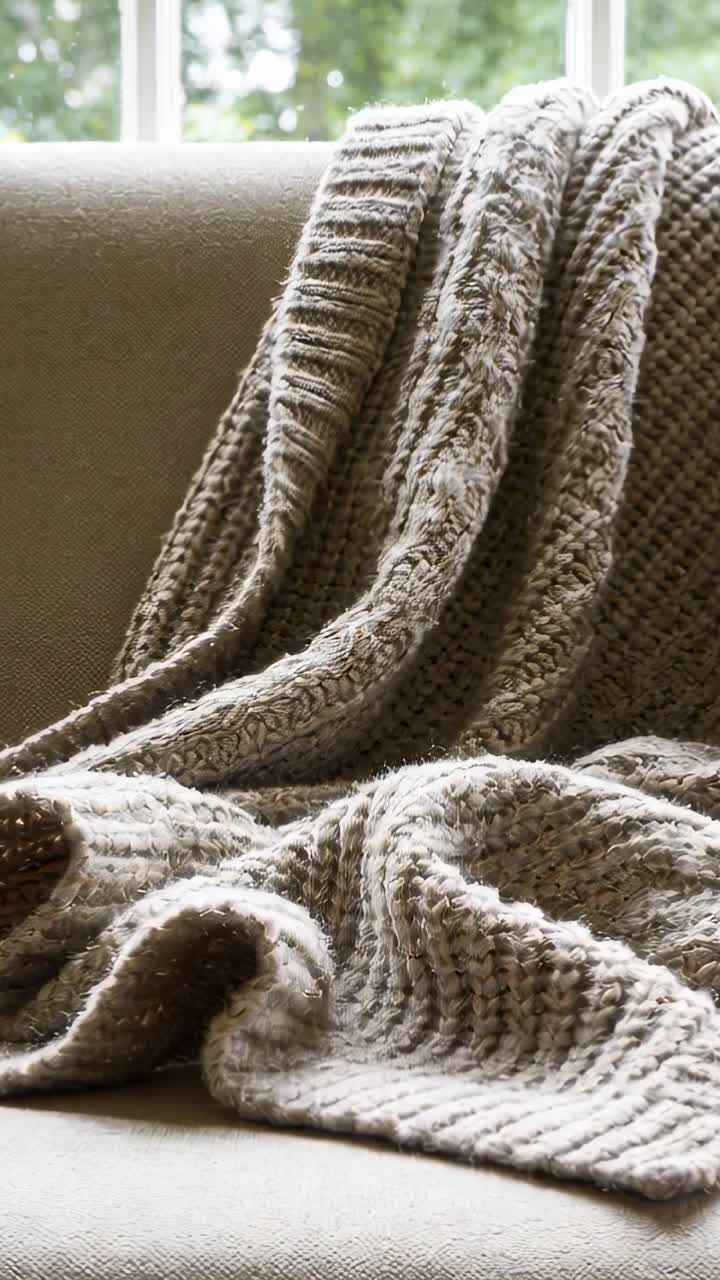 Video verticale: Telecamera in primo piano su un plaid in maglia su un divano vicino alla finestra, la luce solare ne rivela la texture.