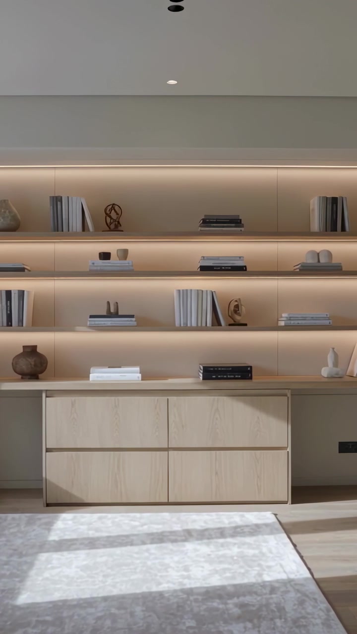Video verticale: Inizio panoramica della telecamera attraverso scaffali illuminati a LED per mostrare mobili e decorazioni domestiche.