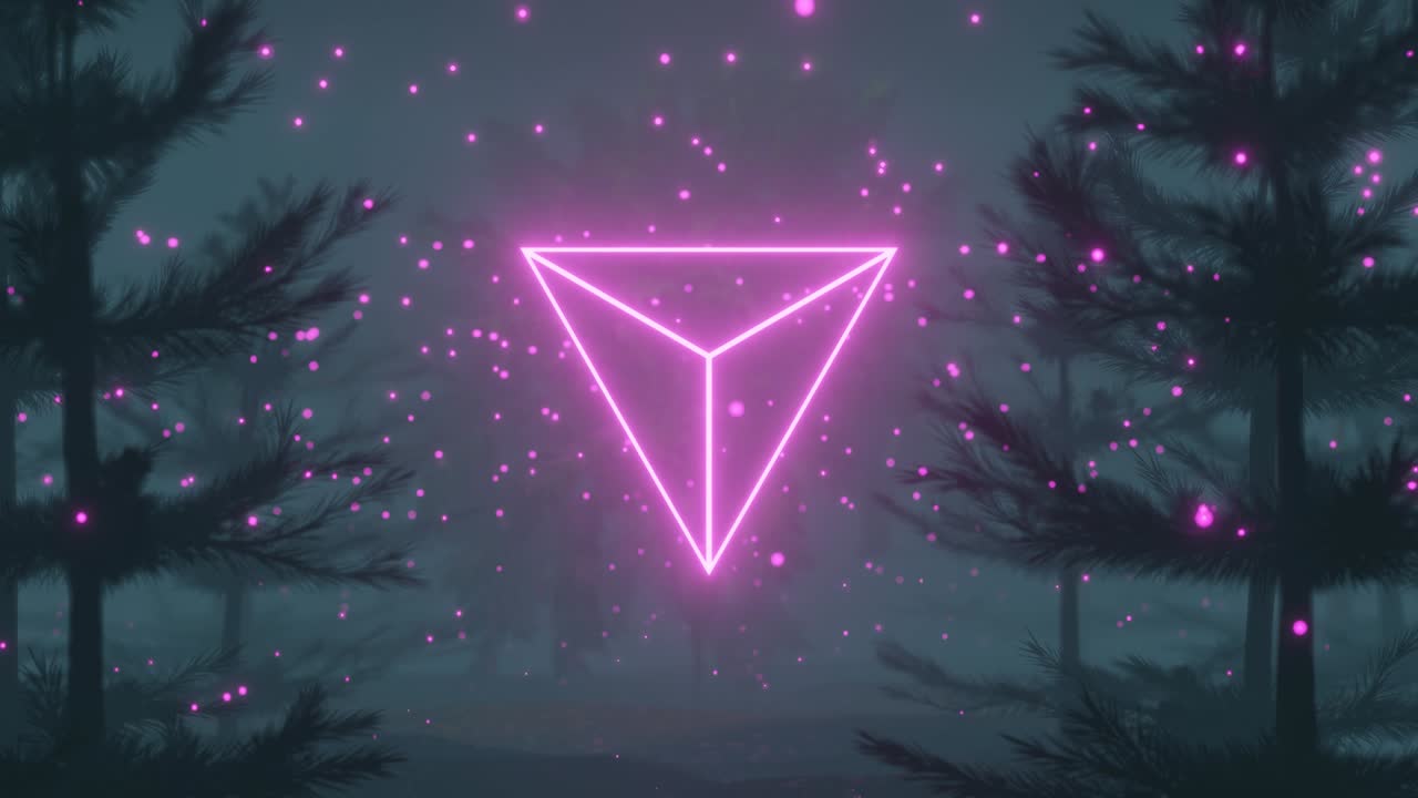 4K video animation of neon triangle and bright colorful lights seamless loop between beautiful Forest landscape scenery with trees movement due to wind and heavy foggy environment.