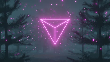 4k video animation of neon triangle and bright colorful lights seamless loop between beautiful forest landscape scenery with trees movement due to wind and heavy foggy environment.