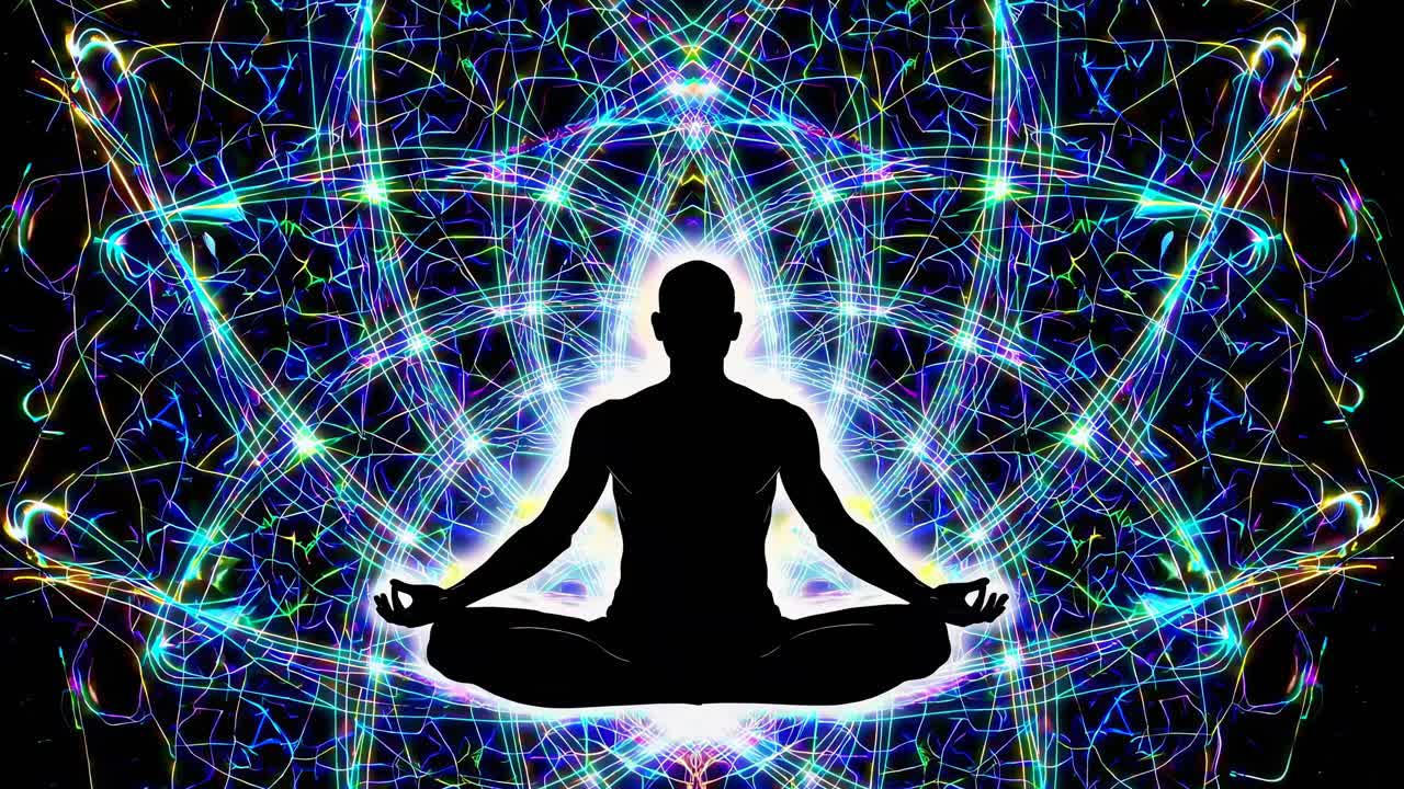 Silhouette of a meditating figure against a vibrant, kaleidoscopic background