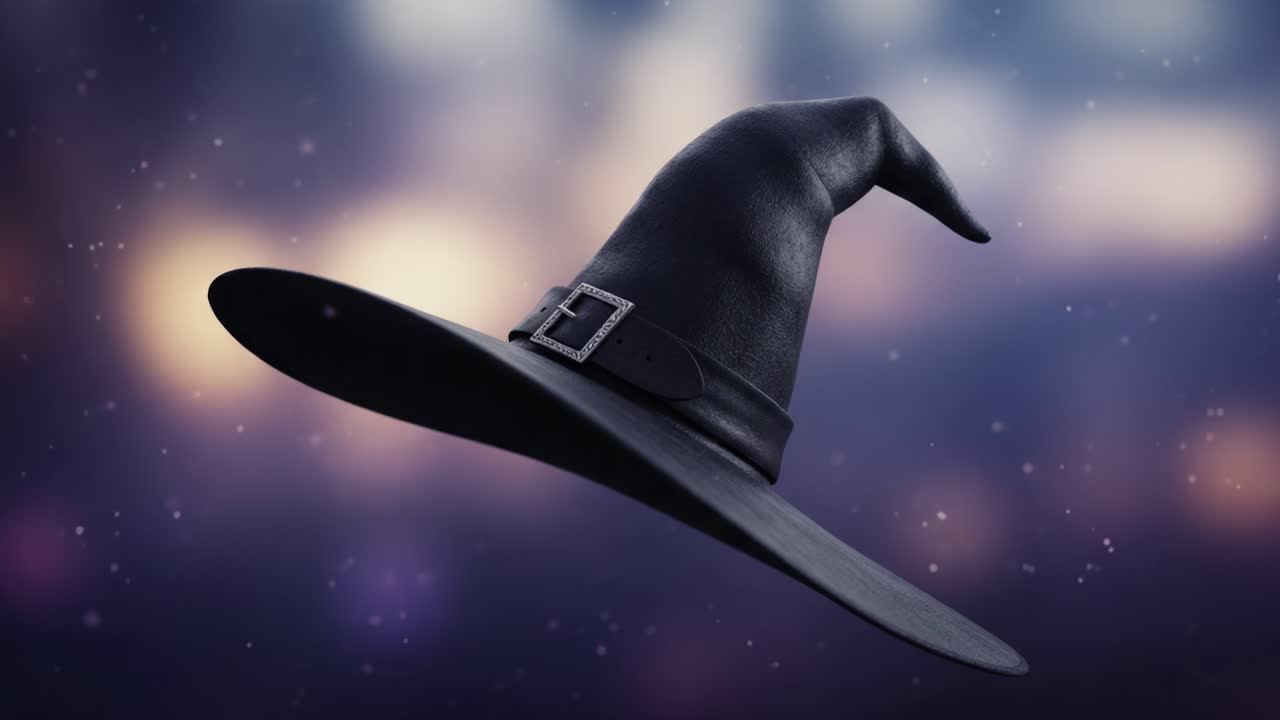 A Stunning Display of a Black Witch Hat with a Stylish Buckle, Capturing the Magical Essence of Enchantment and Mystery in a Soft Bokeh Background
